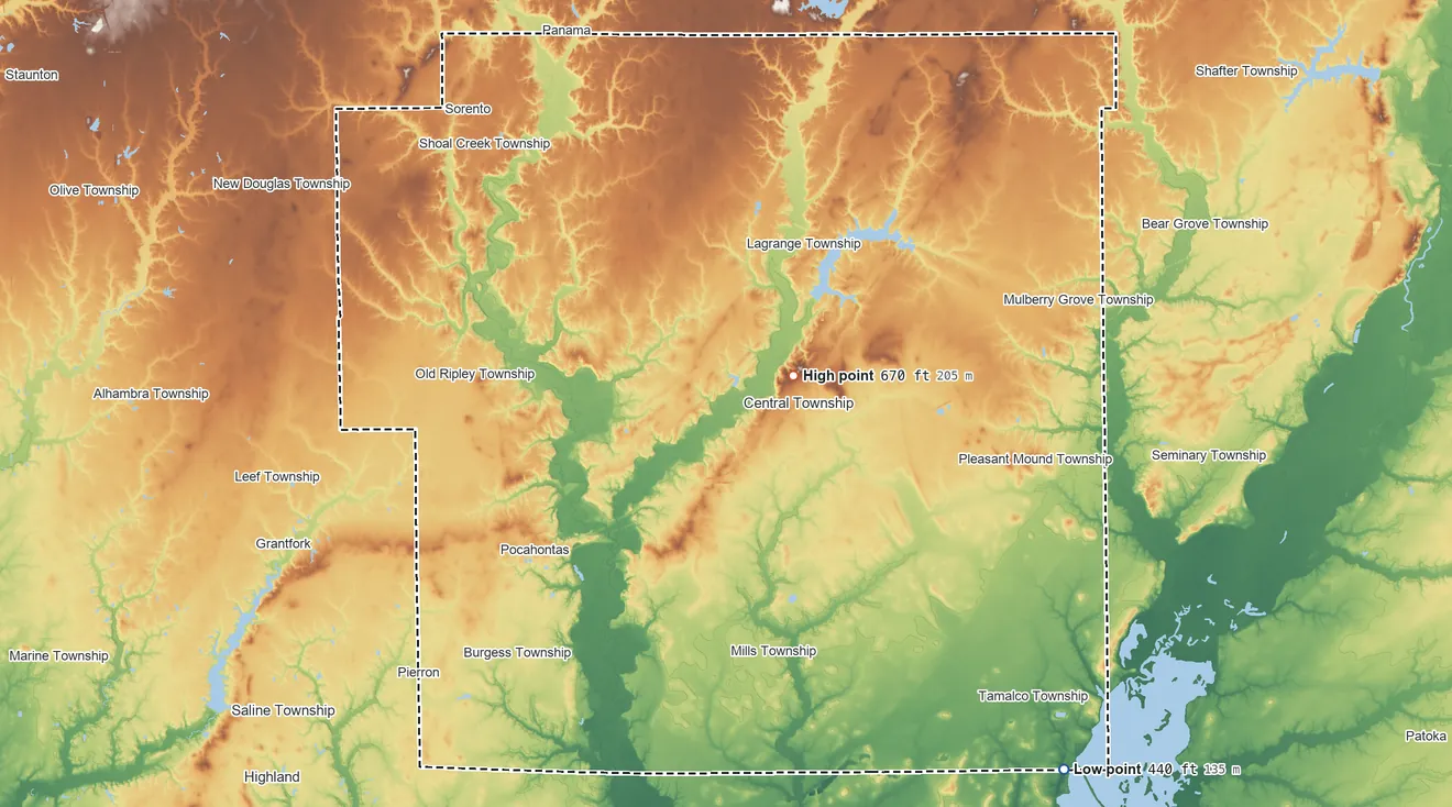 Topographic elevation map of Bond County, Illinois, shaded from 440 ft on the southeast side to 670 ft near the middle