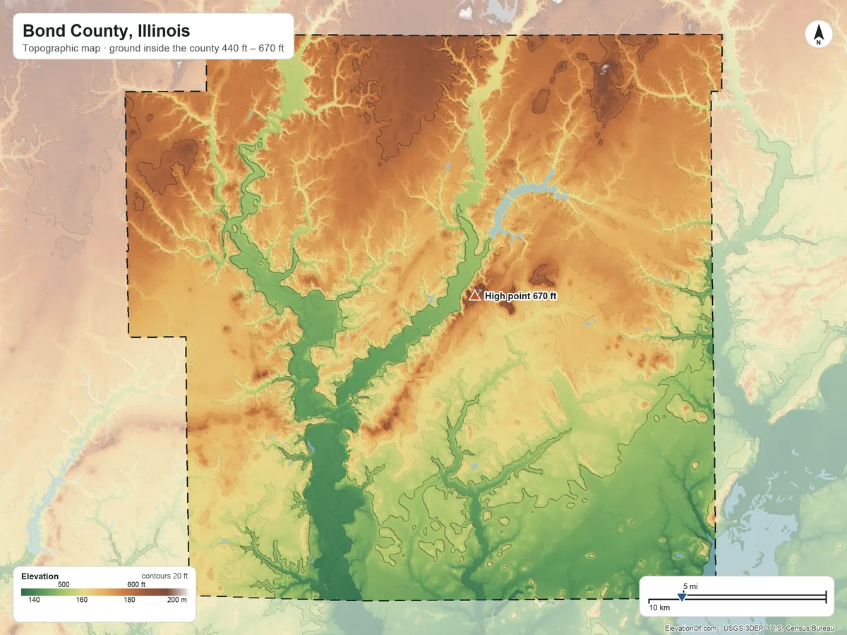 Topographic elevation map of Bond County, Illinois, shaded from 440 ft on the southeast side to 670 ft near the middle