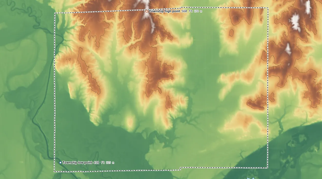 Topographic elevation map of Bond Township, Illinois, shaded from 410 ft on the southwest side to 560 ft on the north side