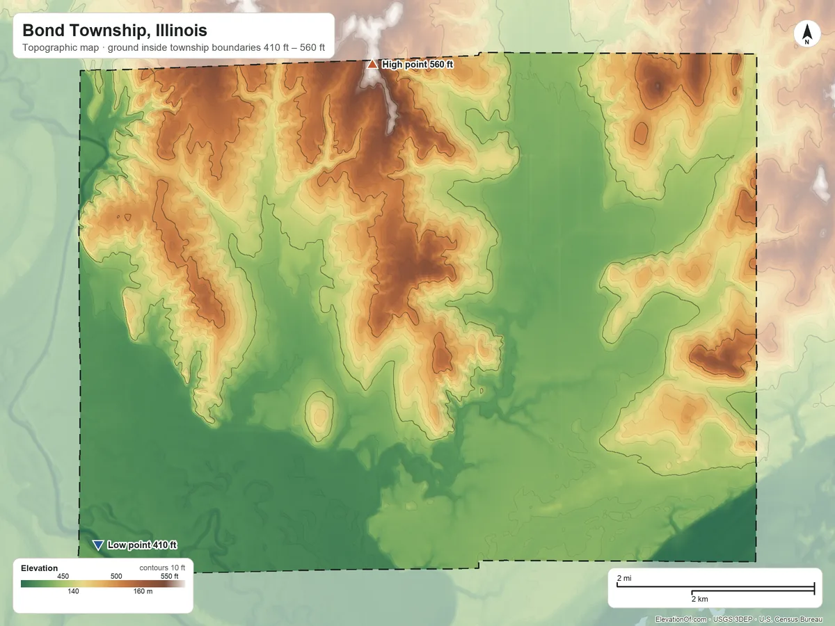 Topographic elevation map of Bond Township, Illinois, shaded from 410 ft on the southwest side to 560 ft on the north side