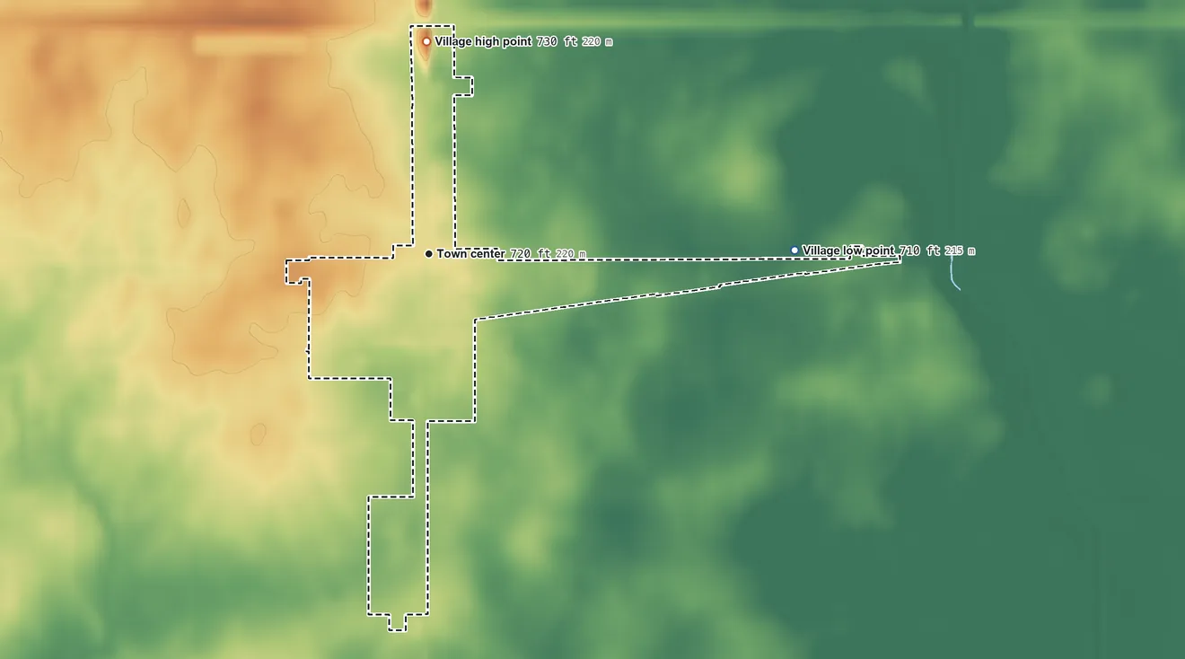 Topographic elevation map of Bondville, Illinois, shaded from 710 ft on the east side to 730 ft on the north side
