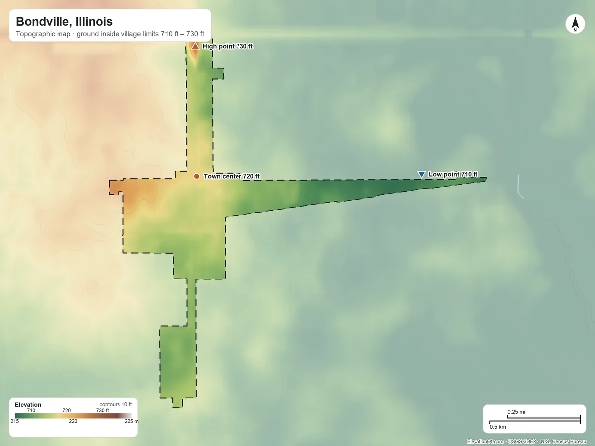 Topographic elevation map of Bondville, Illinois, shaded from 710 ft on the east side to 730 ft on the north side