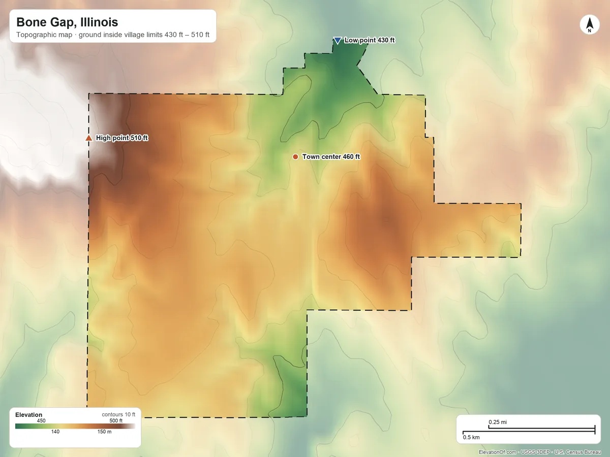 Topographic elevation map of Bone Gap, Illinois, shaded from 430 ft on the north side to 510 ft on the west side