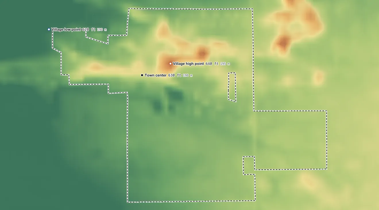 Topographic elevation map of Bonfield, Illinois, shaded from 620 ft on the northwest side to 640 ft near the middle