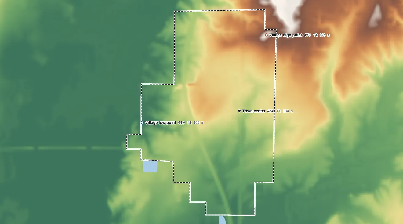 Topographic elevation map of Bonnie, Illinois, shaded from 410 ft on the west side to 470 ft on the north side