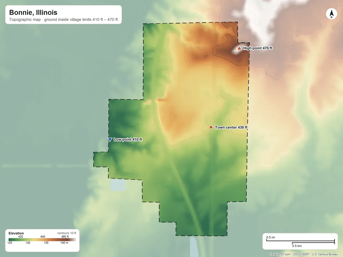 Topographic elevation map of Bonnie, Illinois, shaded from 410 ft on the west side to 470 ft on the north side
