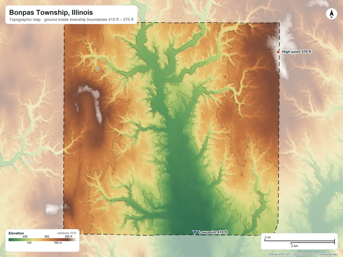 Topographic elevation map of Bonpas Township, Illinois, shaded from 410 ft on the south side to 570 ft on the northeast side