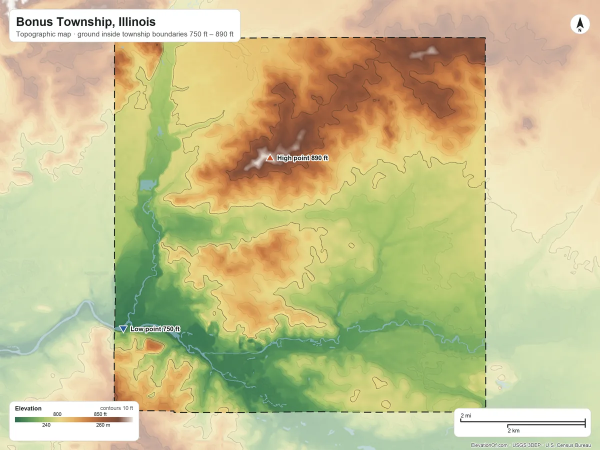 Topographic elevation map of Bonus Township, Illinois, shaded from 750 ft on the northwest side to 890 ft on the north side