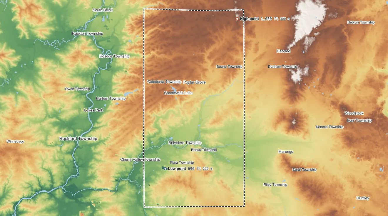 Topographic elevation map of Boone County, Illinois, shaded from 690 ft on the southwest side to 1,050 ft on the northeast side