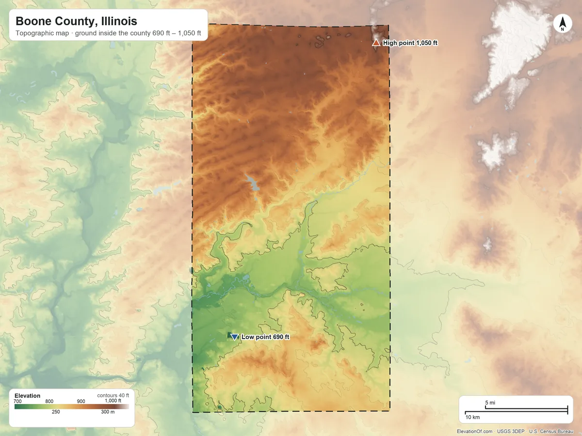 Topographic elevation map of Boone County, Illinois, shaded from 690 ft on the southwest side to 1,050 ft on the northeast side