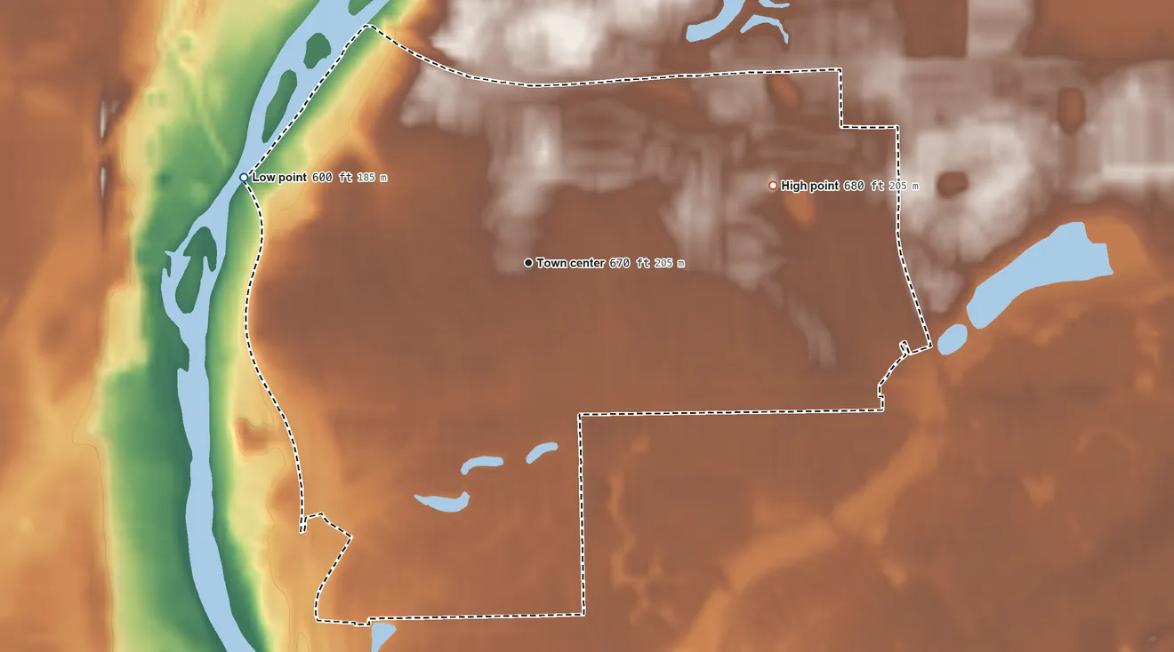 Topographic elevation map of Boulder Hill, Illinois, shaded from 600 ft on the west side to 680 ft on the east side
