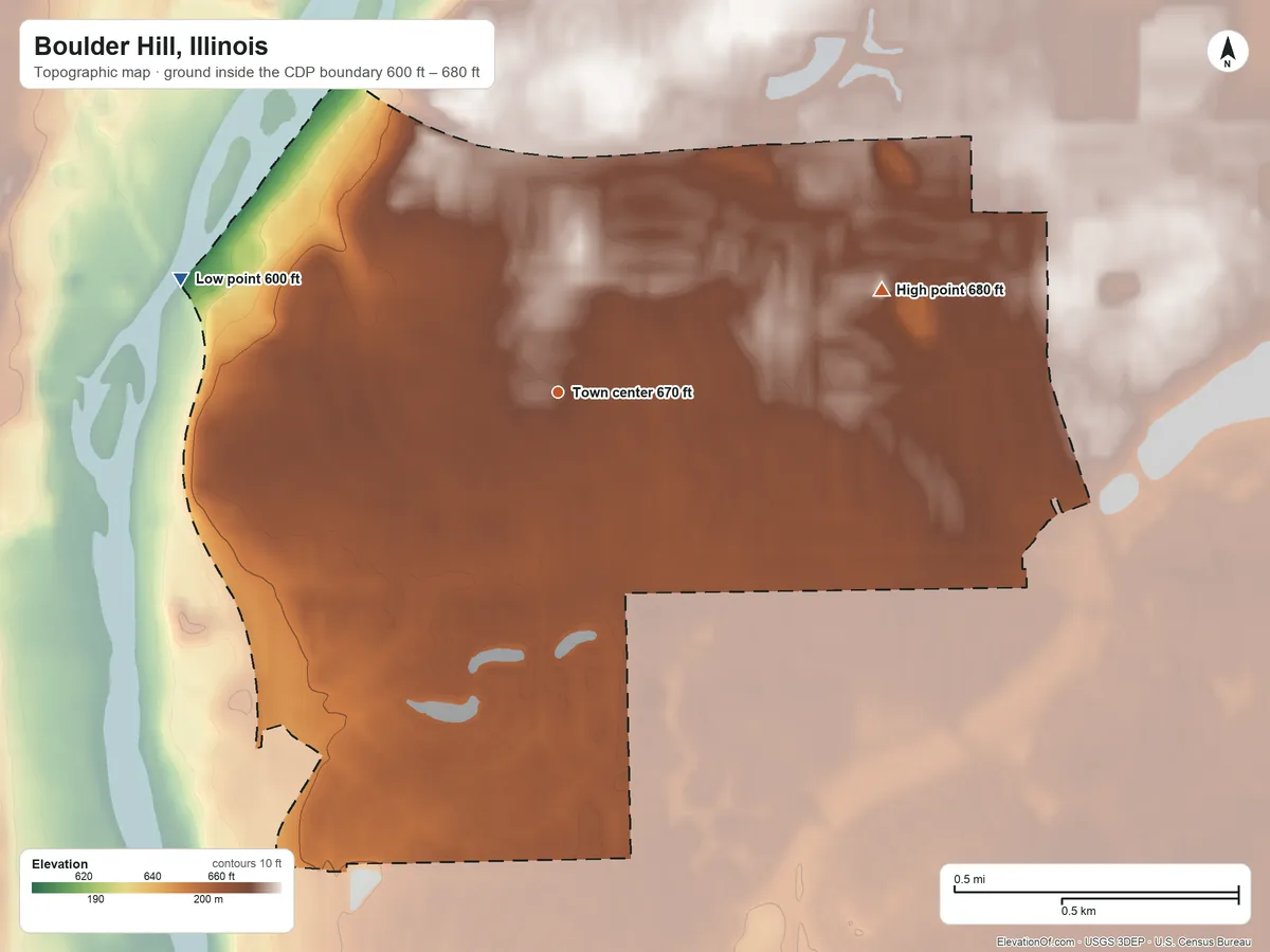 Topographic elevation map of Boulder Hill, Illinois, shaded from 600 ft on the west side to 680 ft on the east side