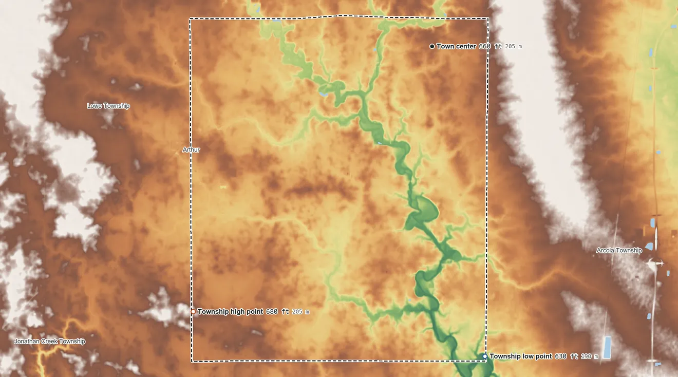 Topographic elevation map of Bourbon Township, Illinois, shaded from 630 ft on the south side to 680 ft on the southwest side