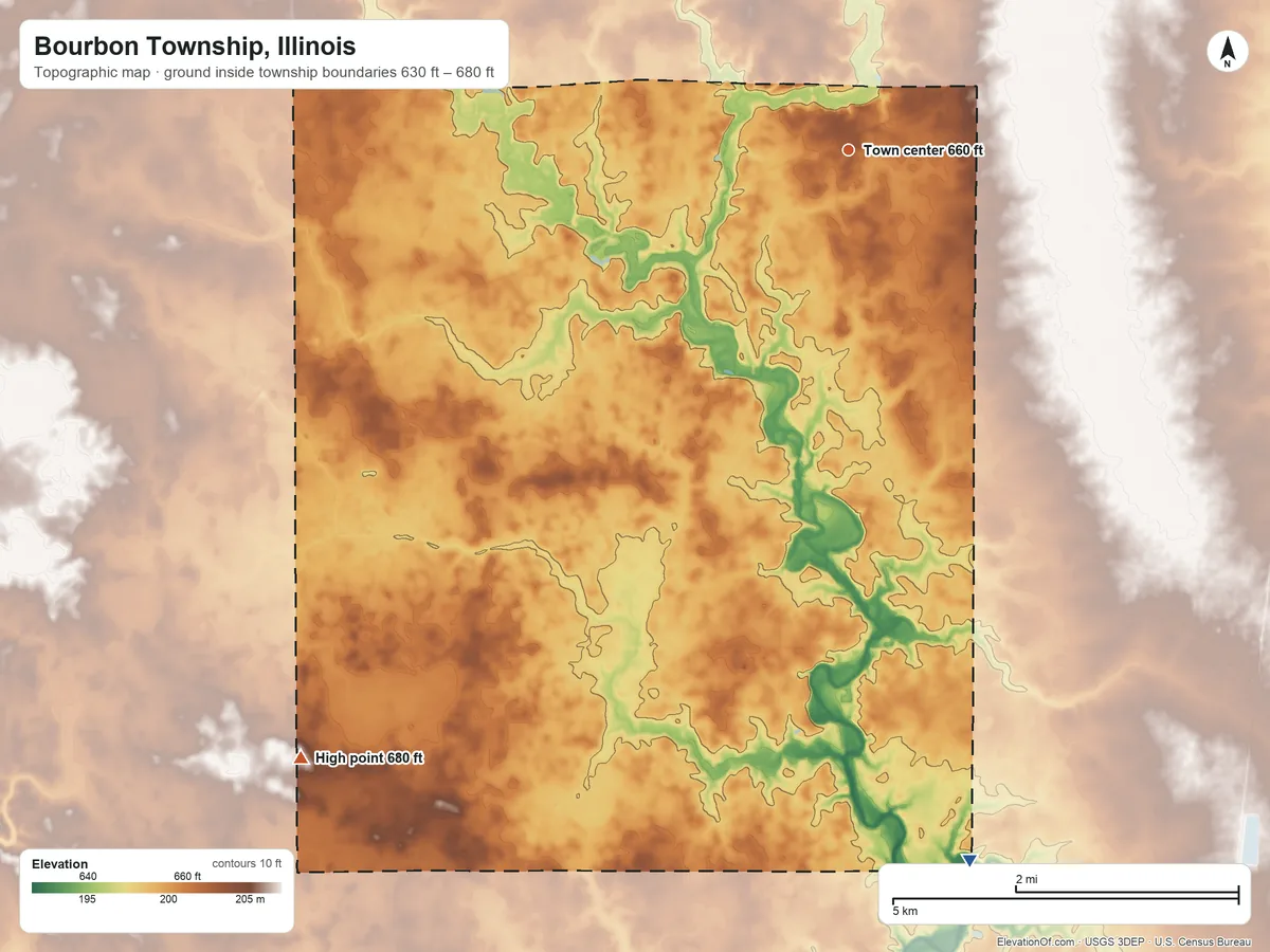 Topographic elevation map of Bourbon Township, Illinois, shaded from 630 ft on the south side to 680 ft on the southwest side