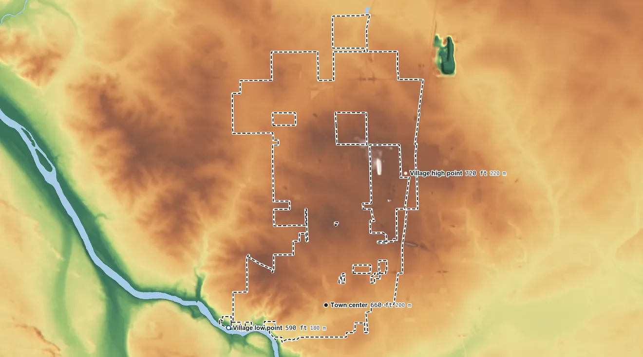 Topographic elevation map of Bourbonnais, Illinois, shaded from 590 ft on the west side to 720 ft on the northeast side