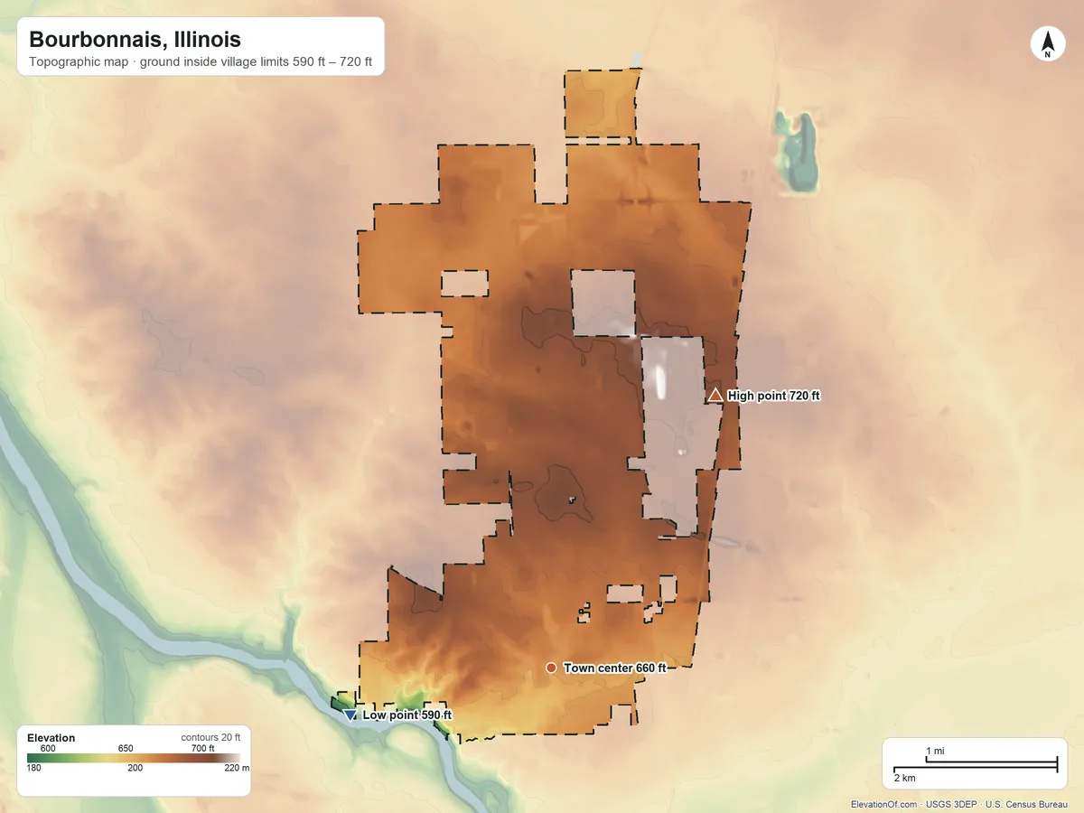 Topographic elevation map of Bourbonnais, Illinois, shaded from 590 ft on the west side to 720 ft on the northeast side