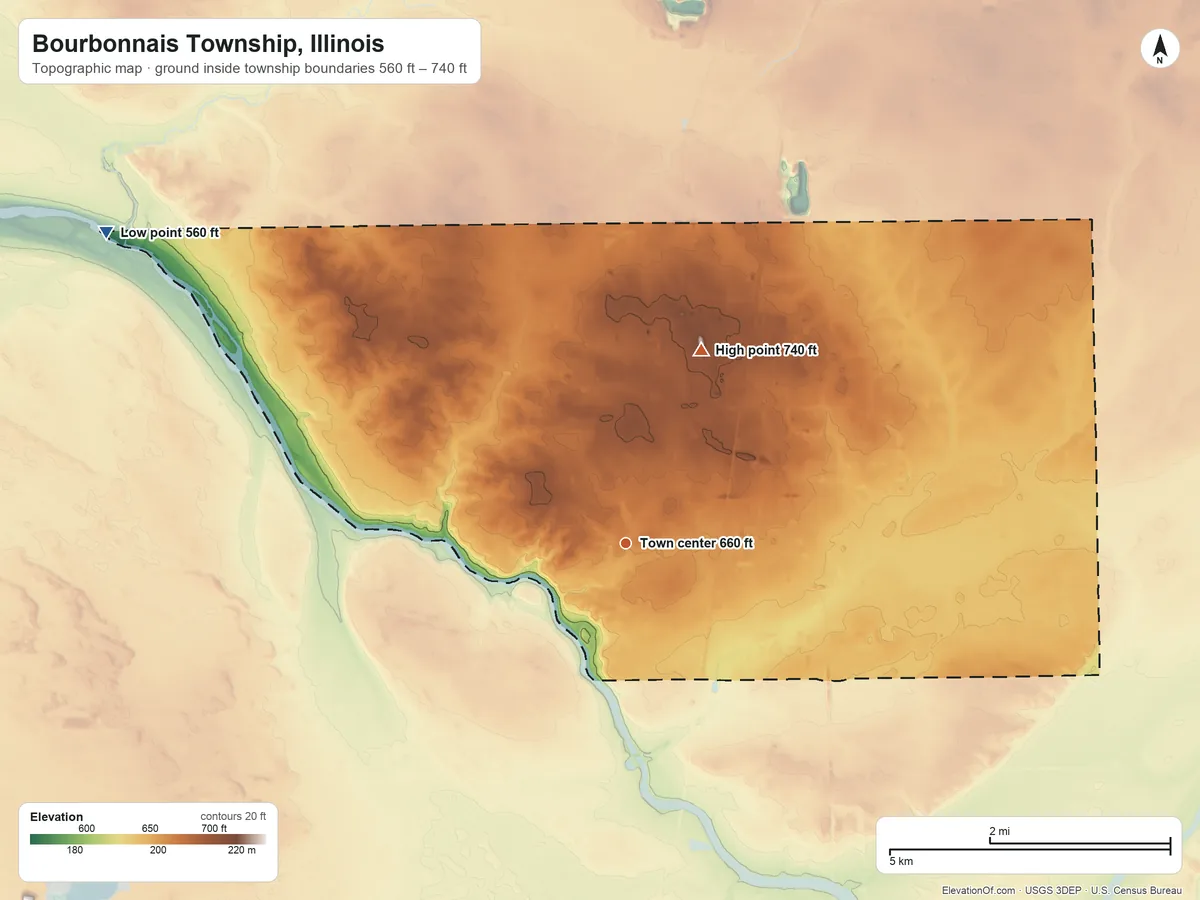 Topographic elevation map of Bourbonnais Township, Illinois, shaded from 560 ft on the northwest side to 740 ft on the north side