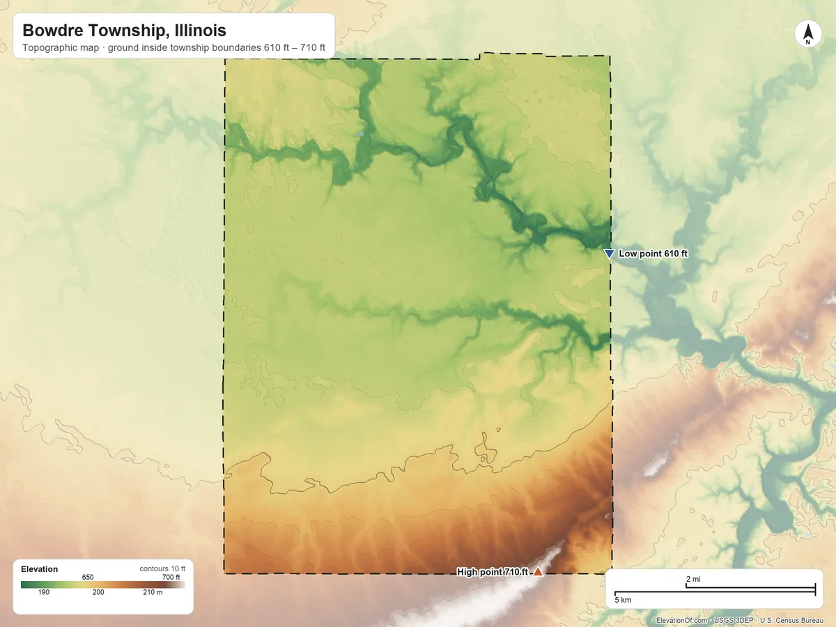 Topographic elevation map of Bowdre Township, Illinois, shaded from 610 ft on the northeast side to 710 ft on the south side