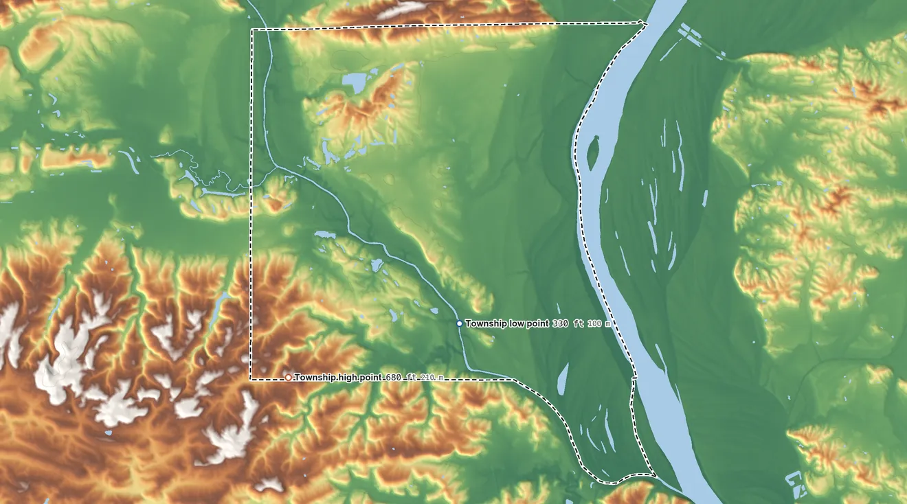 Topographic elevation map of Bowlesville Township, Illinois, shaded from 330 ft on the southeast side to 680 ft on the south side