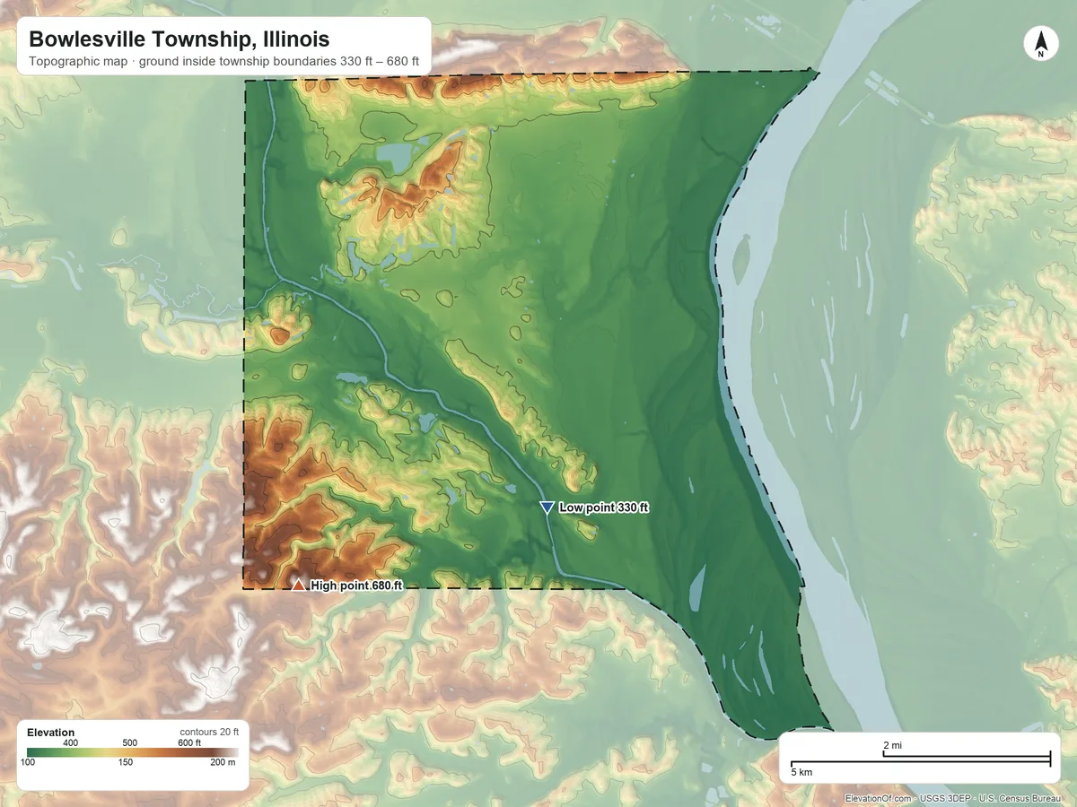 Topographic elevation map of Bowlesville Township, Illinois, shaded from 330 ft on the southeast side to 680 ft on the south side