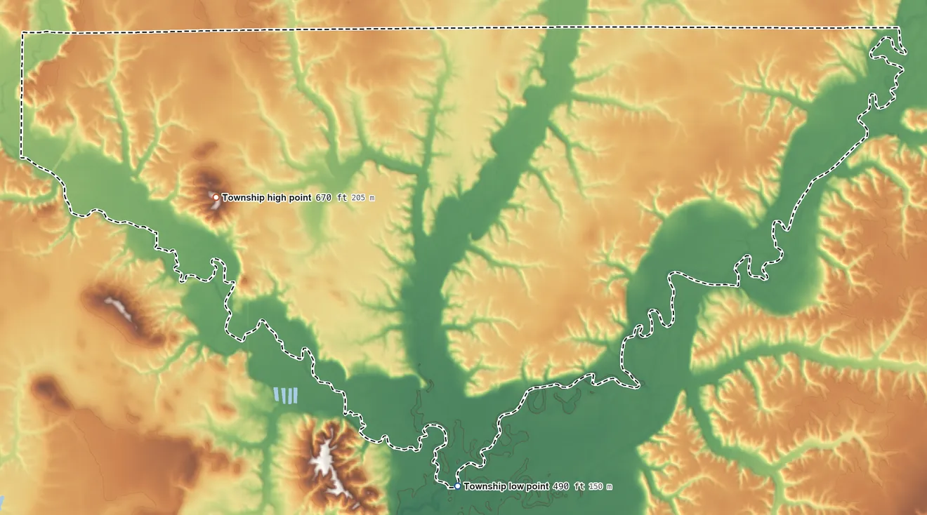 Topographic elevation map of Bowling Green Township, Illinois, shaded from 490 ft on the south side to 670 ft on the west side