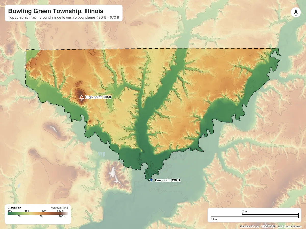 Topographic elevation map of Bowling Green Township, Illinois, shaded from 490 ft on the south side to 670 ft on the west side