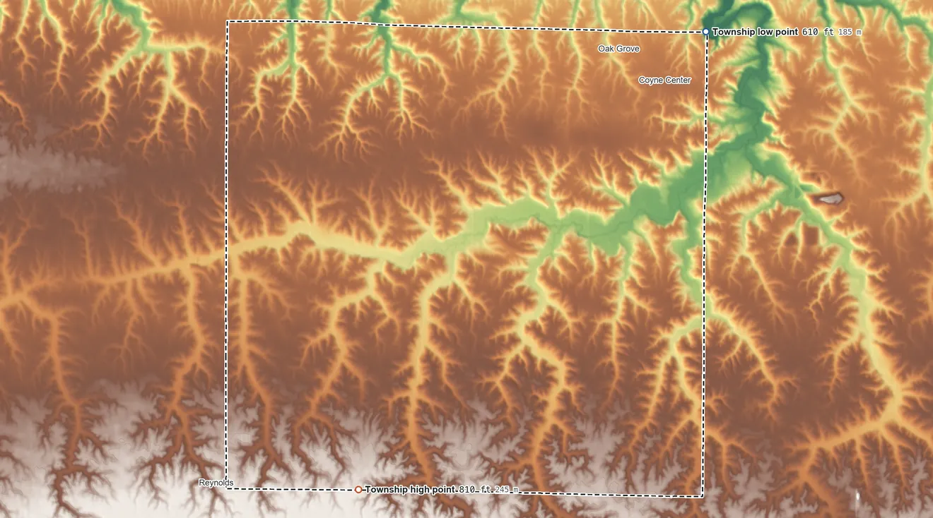 Topographic elevation map of Bowling Township, Illinois, shaded from 610 ft on the northeast side to 810 ft on the southwest side