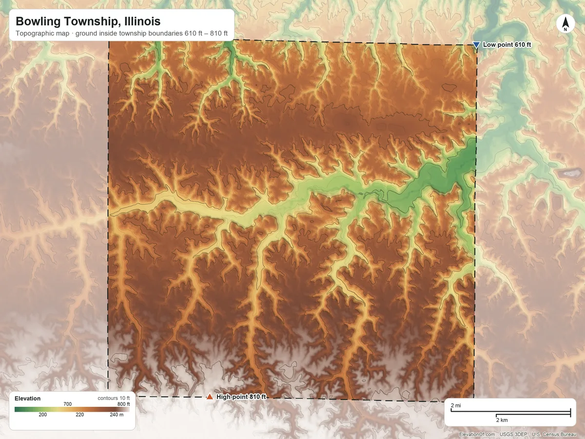 Topographic elevation map of Bowling Township, Illinois, shaded from 610 ft on the northeast side to 810 ft on the southwest side