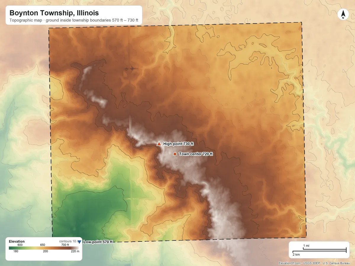 Topographic elevation map of Boynton Township, Illinois, shaded from 570 ft on the southwest side to 730 ft near the middle