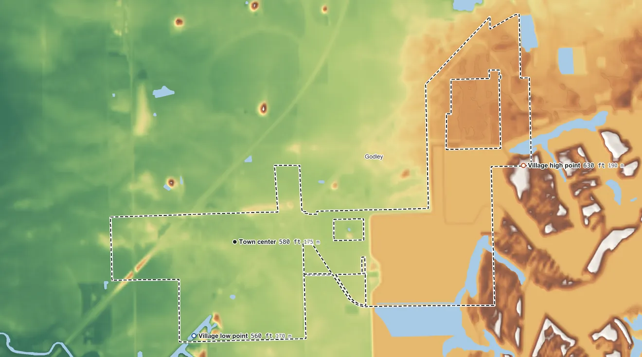 Topographic elevation map of Braceville, Illinois, shaded from 560 ft on the southwest side to 630 ft on the east side