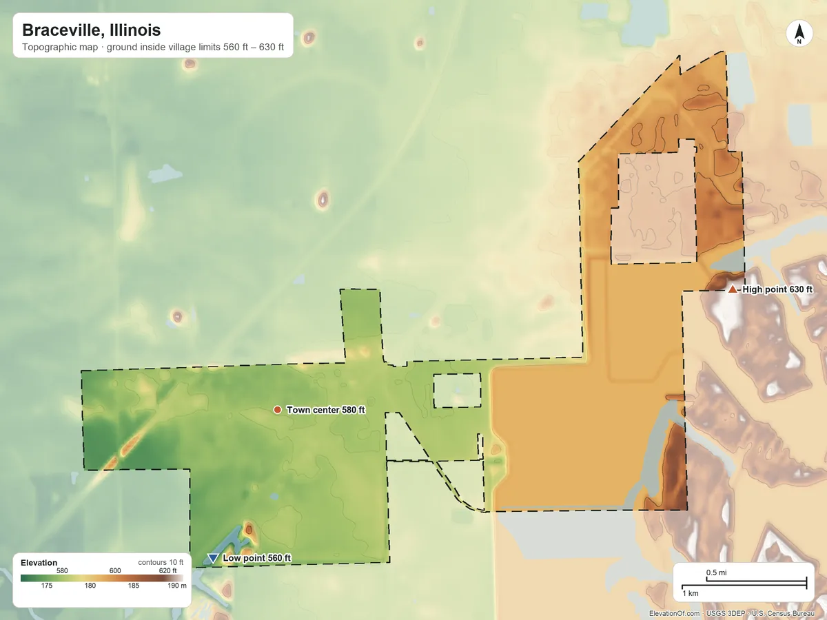 Topographic elevation map of Braceville, Illinois, shaded from 560 ft on the southwest side to 630 ft on the east side