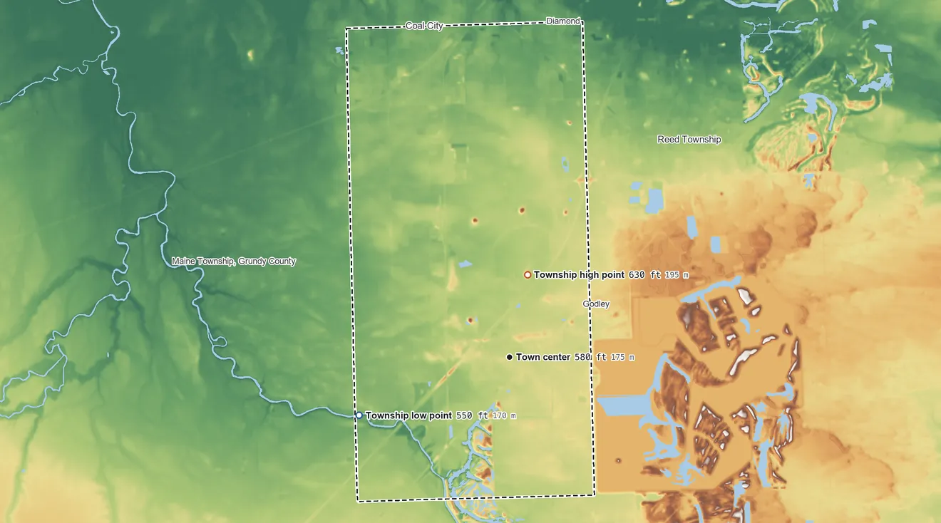 Topographic elevation map of Braceville Township, Illinois, shaded from 550 ft on the west side to 630 ft on the north side
