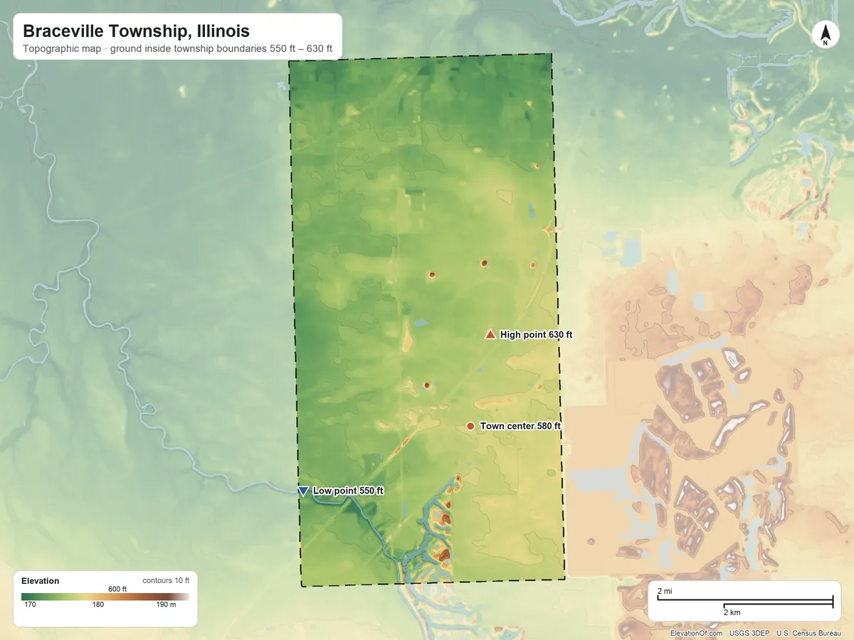 Topographic elevation map of Braceville Township, Illinois, shaded from 550 ft on the west side to 630 ft on the north side