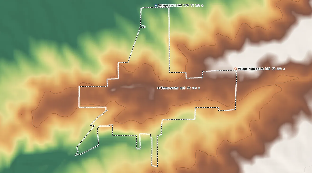Topographic elevation map of Bradford, Illinois, shaded from 770 ft on the north side to 820 ft on the east side