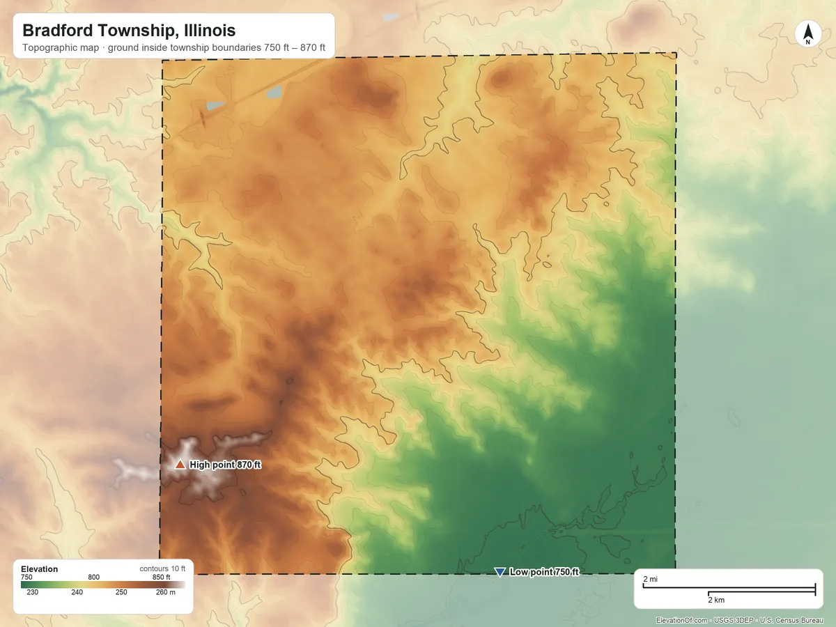 Topographic elevation map of Bradford Township, Illinois, shaded from 750 ft on the southeast side to 870 ft on the southwest side