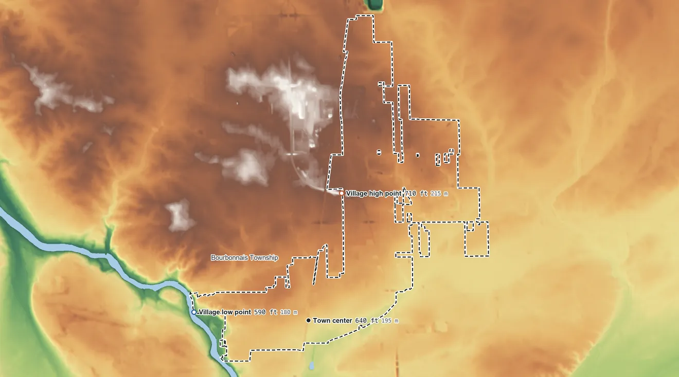 Topographic elevation map of Bradley, Illinois, shaded from 590 ft on the west side to 710 ft on the north side