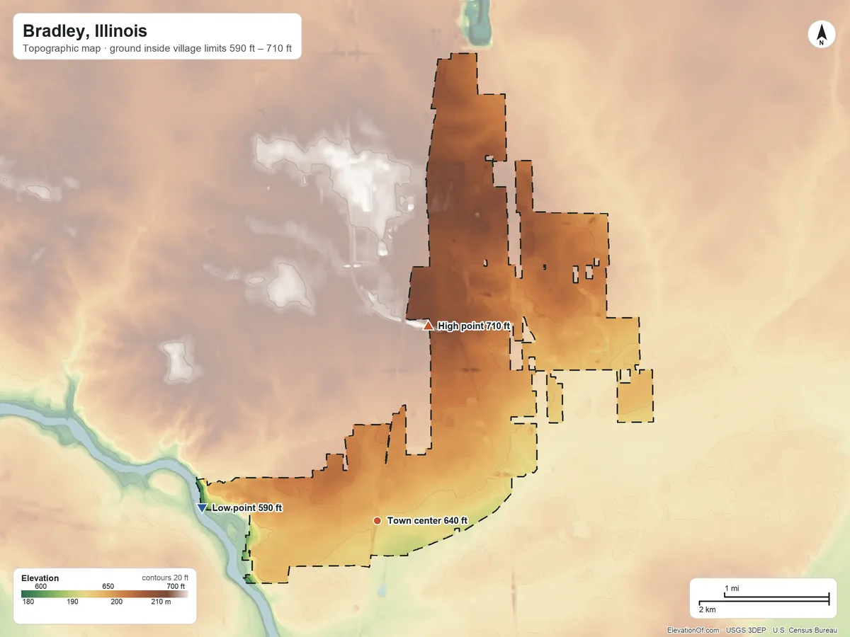 Topographic elevation map of Bradley, Illinois, shaded from 590 ft on the west side to 710 ft on the north side