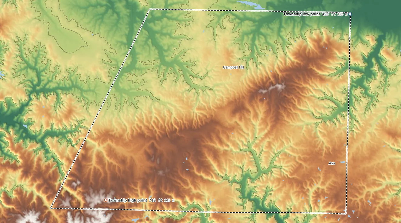 Topographic elevation map of Bradley Township, Illinois, shaded from 420 ft on the northeast side to 710 ft on the southwest side