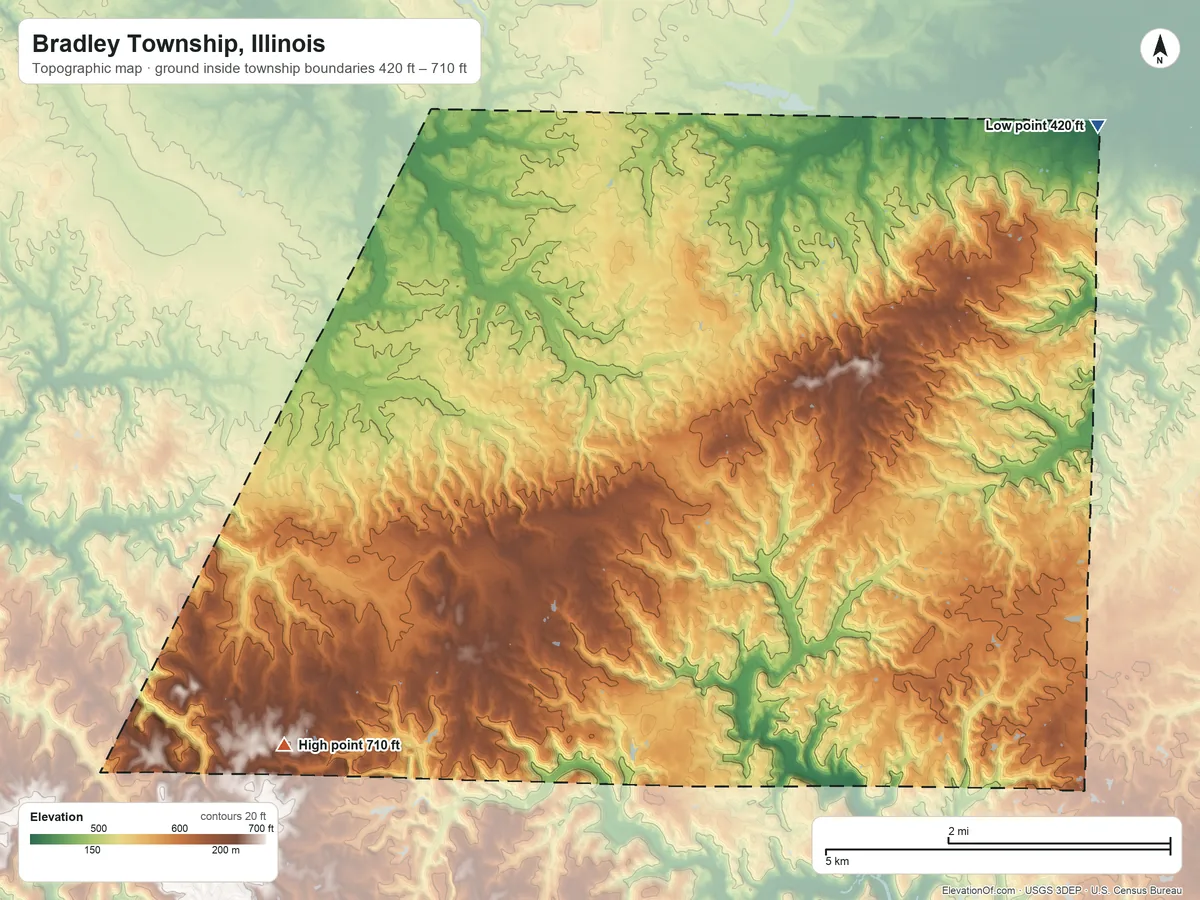 Topographic elevation map of Bradley Township, Illinois, shaded from 420 ft on the northeast side to 710 ft on the southwest side