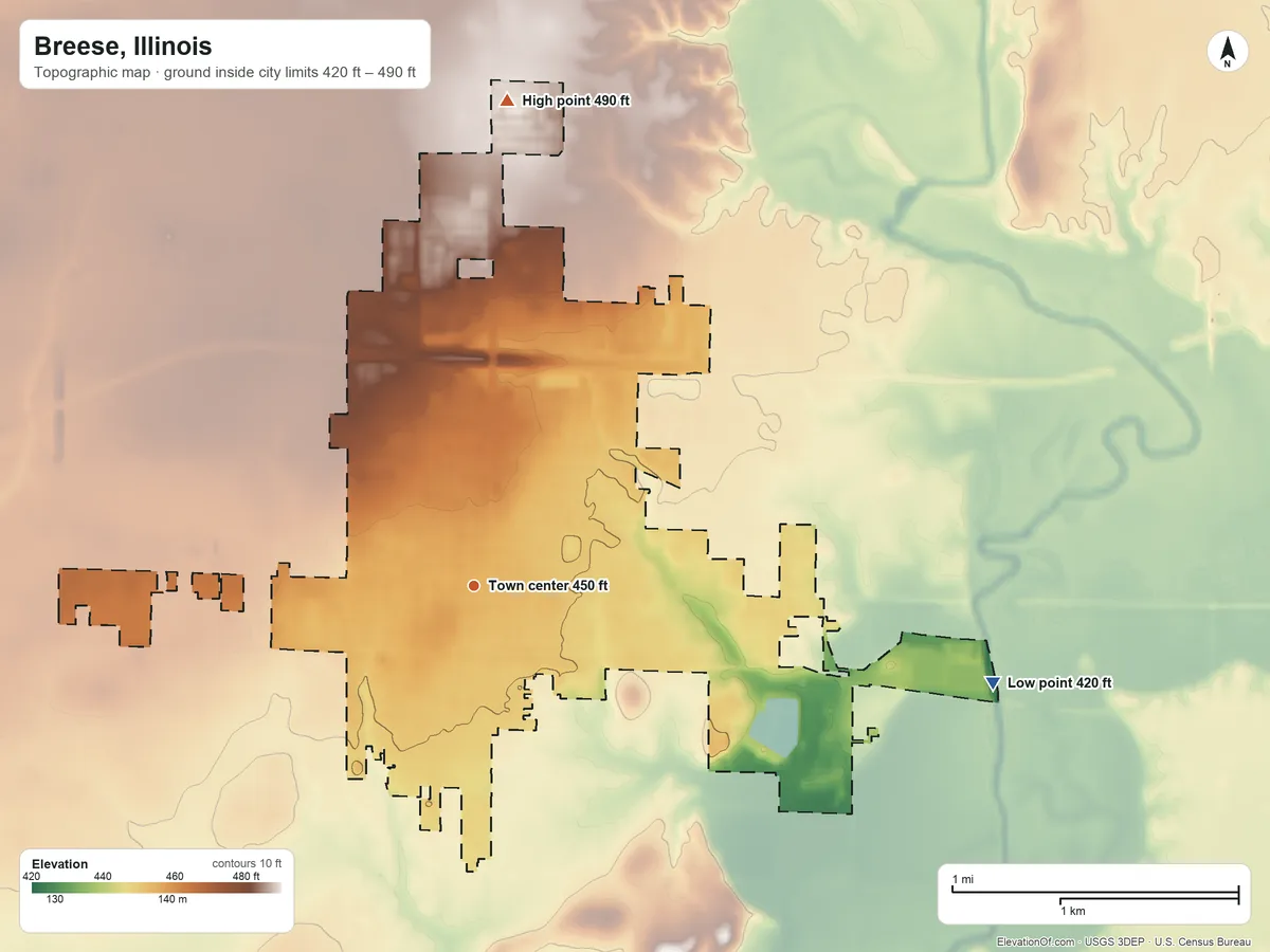 Topographic elevation map of Breese, Illinois, shaded from 420 ft on the east side to 490 ft on the north side