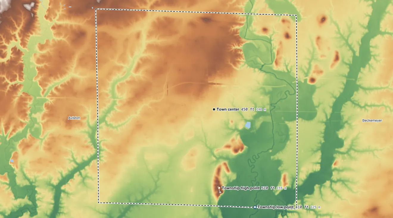 Topographic elevation map of Breese Township, Illinois, shaded from 410 ft on the southeast side to 510 ft on the south side