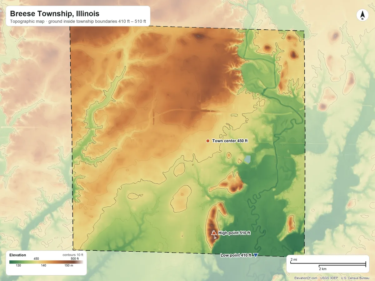 Topographic elevation map of Breese Township, Illinois, shaded from 410 ft on the southeast side to 510 ft on the south side