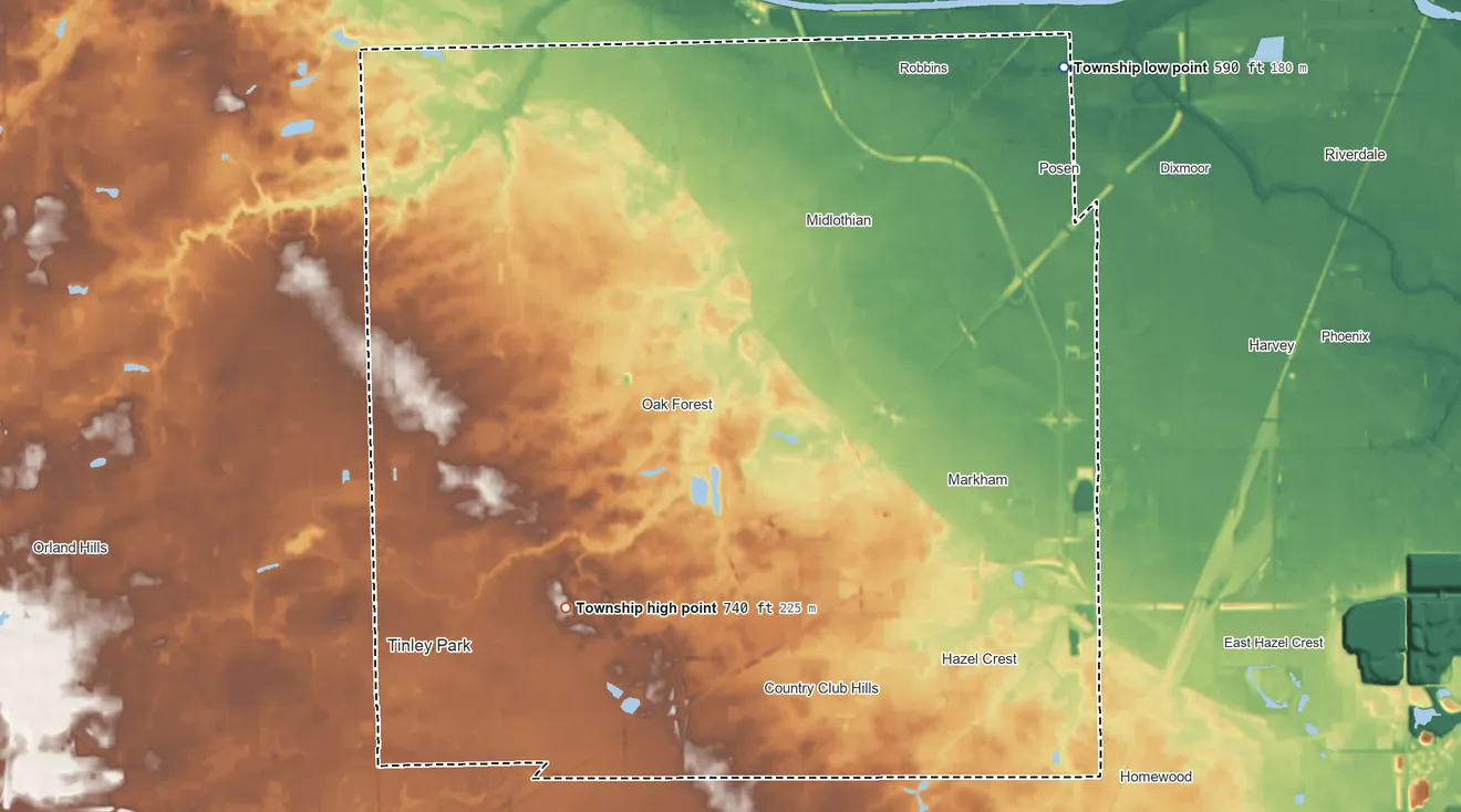 Topographic elevation map of Bremen Township, Illinois, shaded from 590 ft on the northeast side to 740 ft on the southwest side