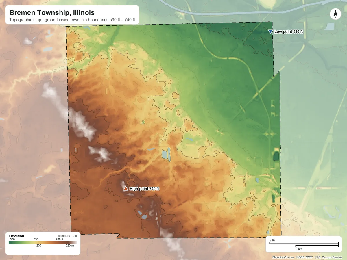 Topographic elevation map of Bremen Township, Illinois, shaded from 590 ft on the northeast side to 740 ft on the southwest side
