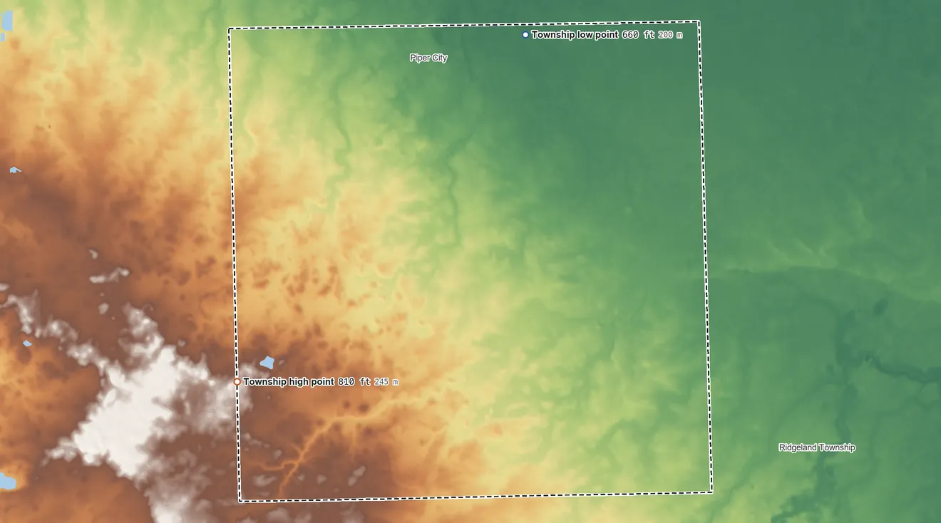 Topographic elevation map of Brenton Township, Illinois, shaded from 660 ft on the northeast side to 810 ft on the southwest side
