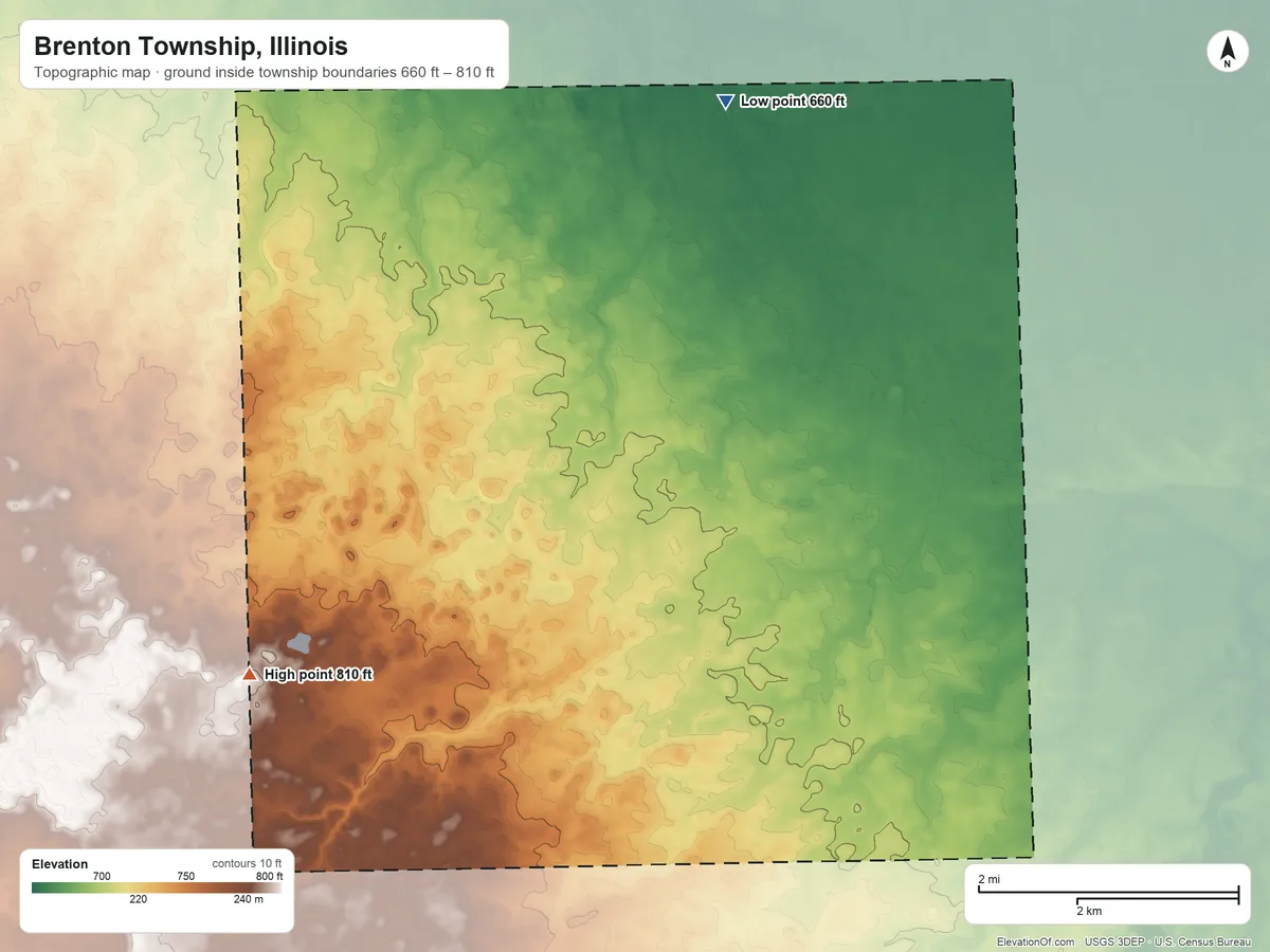 Topographic elevation map of Brenton Township, Illinois, shaded from 660 ft on the northeast side to 810 ft on the southwest side