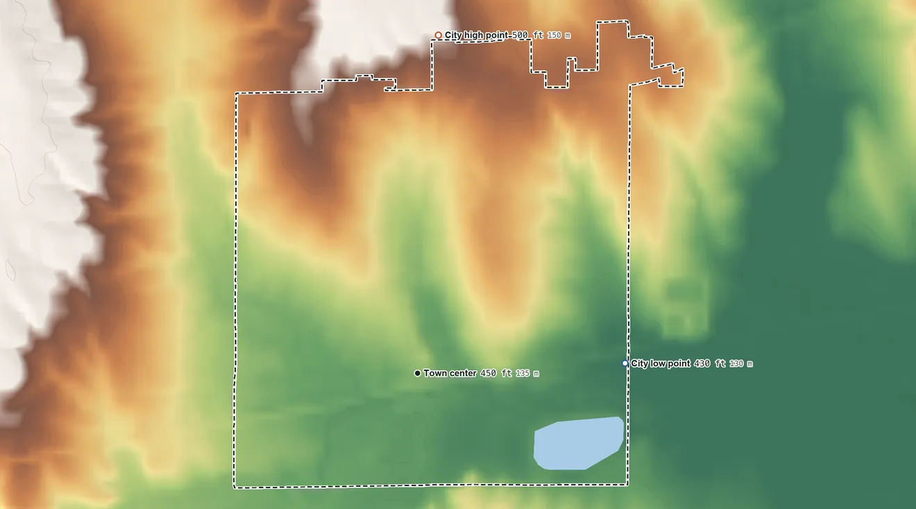 Topographic elevation map of Bridgeport, Illinois, shaded from 430 ft on the east side to 500 ft on the north side