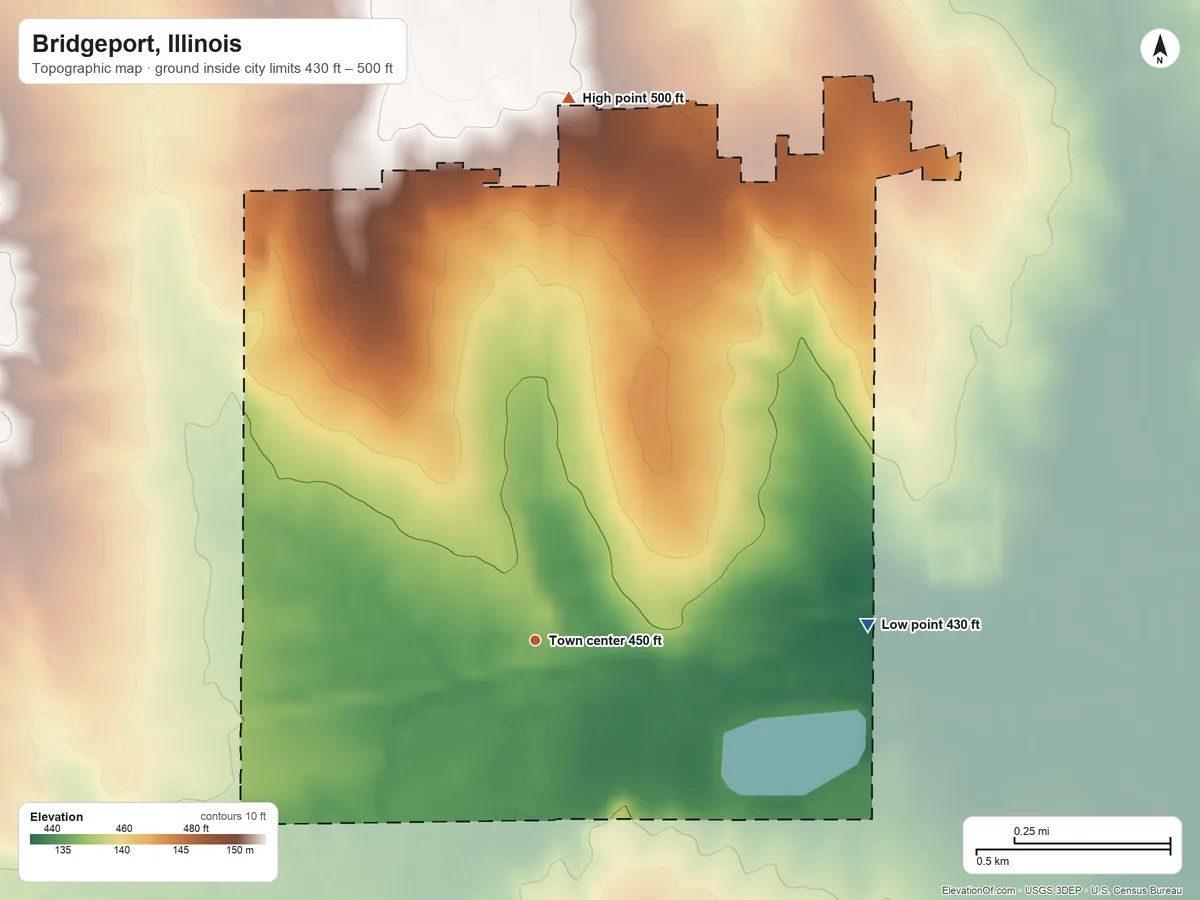 Topographic elevation map of Bridgeport, Illinois, shaded from 430 ft on the east side to 500 ft on the north side