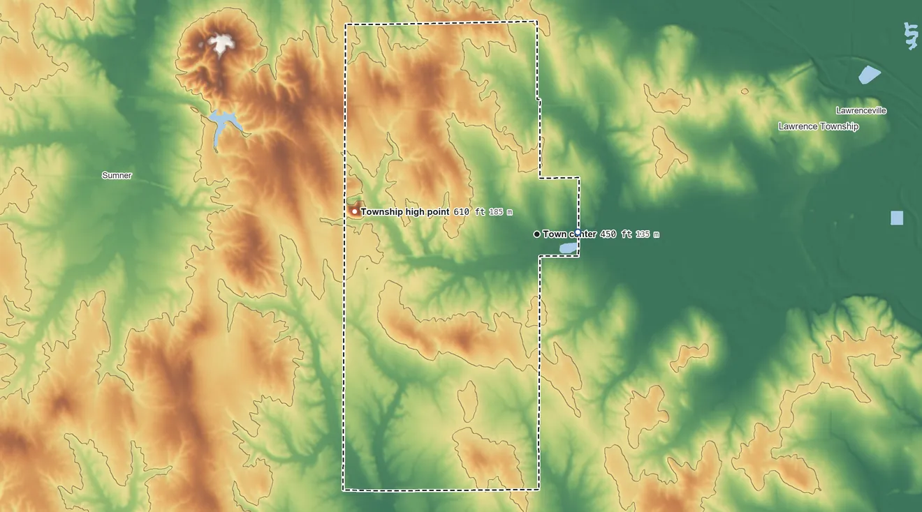 Topographic elevation map of Bridgeport Township, Illinois, shaded from 430 ft near the middle to 610 ft on the west side