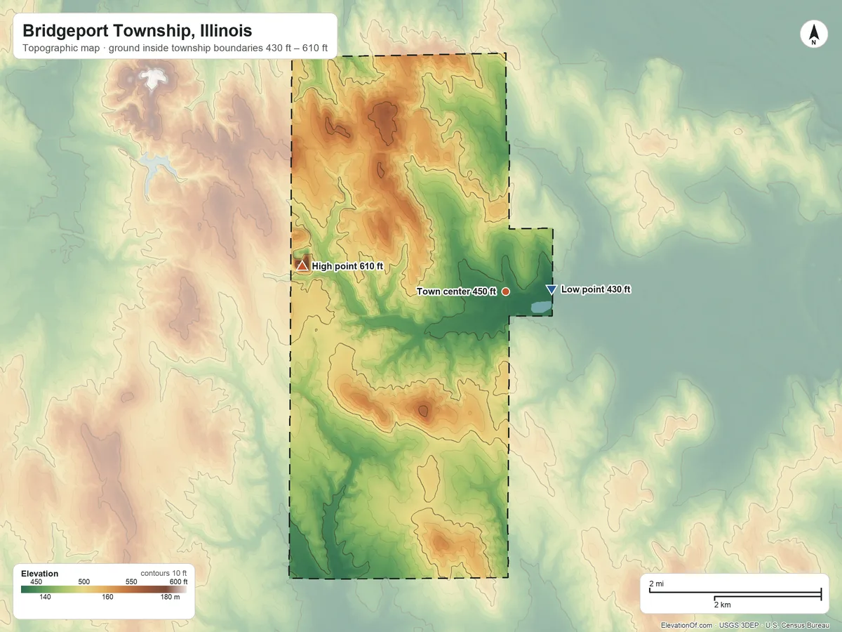 Topographic elevation map of Bridgeport Township, Illinois, shaded from 430 ft near the middle to 610 ft on the west side